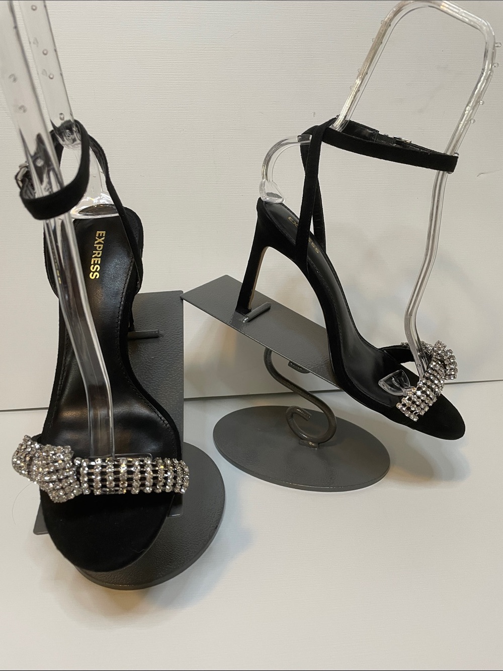 EUC Express Women's Black Rhinestone Embellished Ankle Strap Sandals- Sz 8
